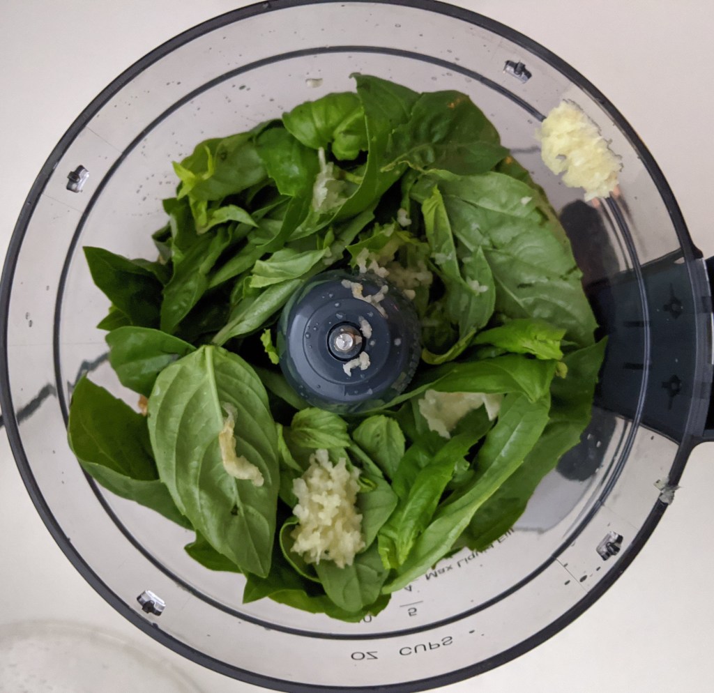 fresh basil and garlic in the bowl of a food processor
