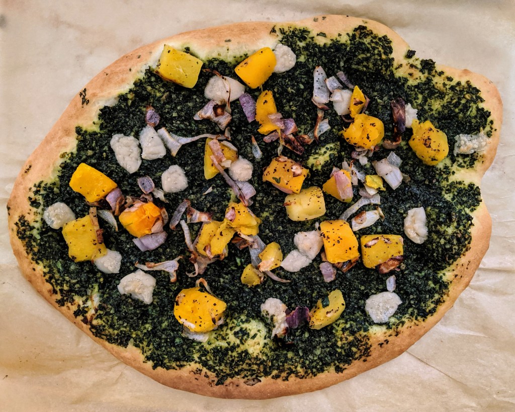 zesty pesto pizza with vegetables